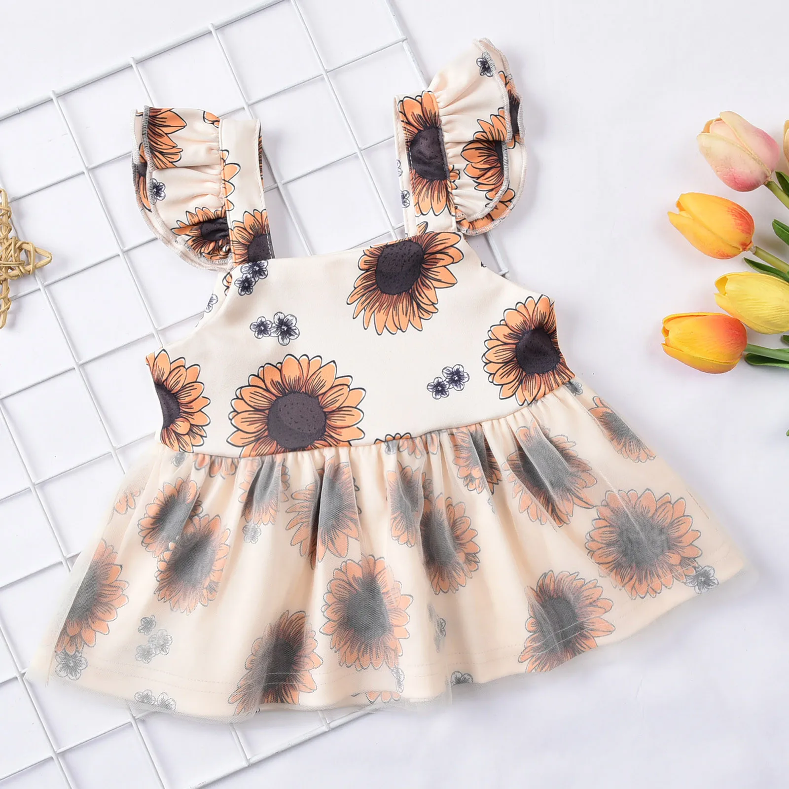 

Flying Sleeve Sunflower Print Girls Clothing Princess Casual Dress Square Collar Top Plus Solid Colors Pants Suit Vetement Fille