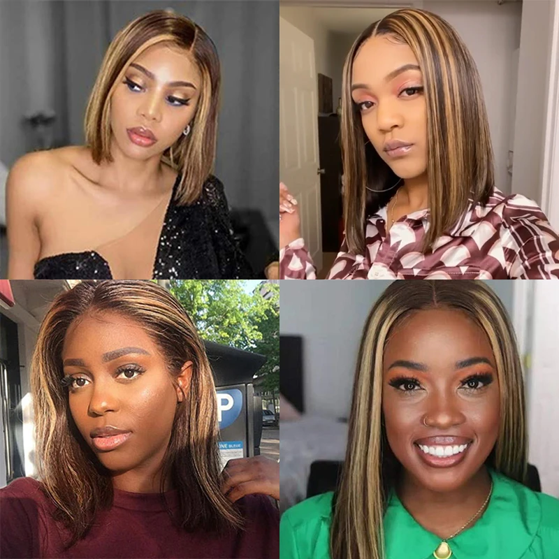 

Sedittyhair Highlight Wig Brazilian Straight Human Hair Bob Wigs 4x4 Lace Wig Ombre Piano P4/27# Color Hair Short Bob Wig 150%