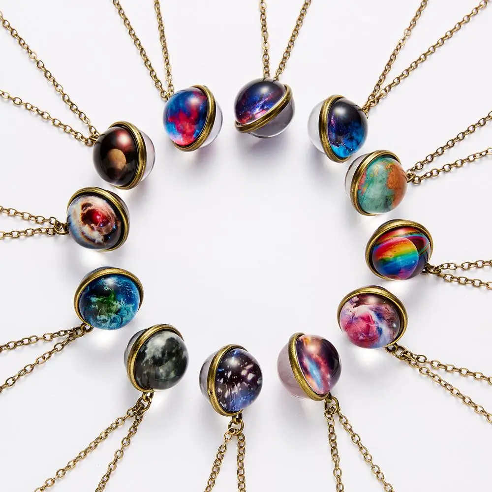 1PC Vintage Colorful Galaxy Universe Round Pendant Necklace Glow in the Dark Glass Ball Metal Chain Choker Fashion Jewelry Gift