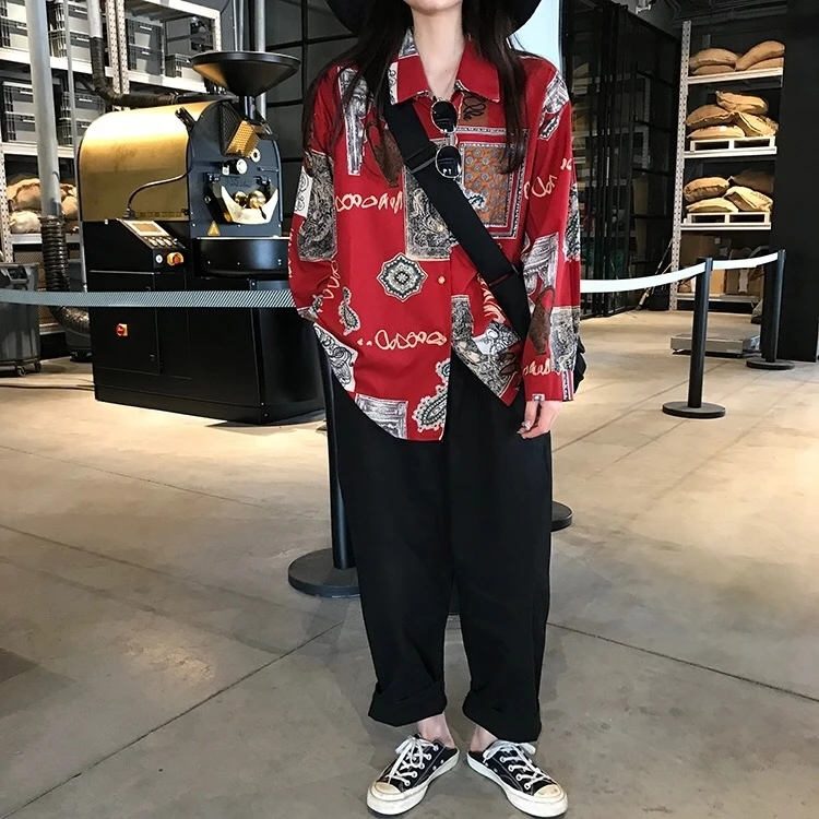 Осенняя винтажная рубашка женская красная модная блузка с принтом и открытыми