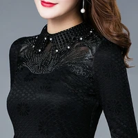 women spring autumn style lace blouses shirts lady casual long sleeve stand collar lace blusas tops dd8044
