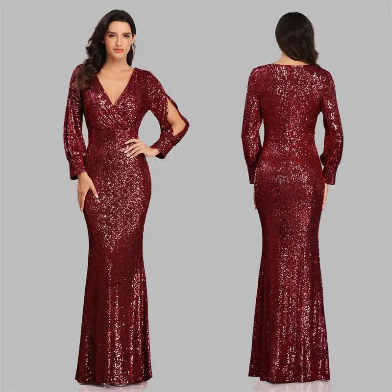 

Plus Size Women Dresses JINZUO 2021 Sexy V-neck Mermaid Evening Dress Long Gown Full Sequins long Sleeve Galadress Vestidos