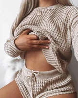2021 summer hot fashion casual round neck long sleeve shorts sweater two piece womens knitted suit