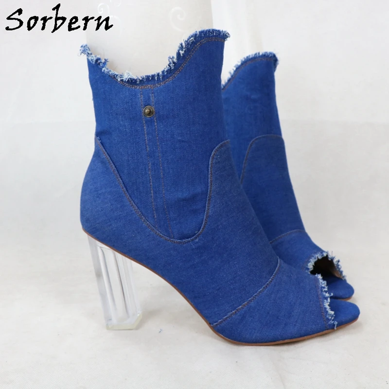 Sorbern Blue Demin Ankle Boots Women Chunky High Heels Open Toe Transparent Heels Female Shoes Custom Plus Size 15 Block Heel