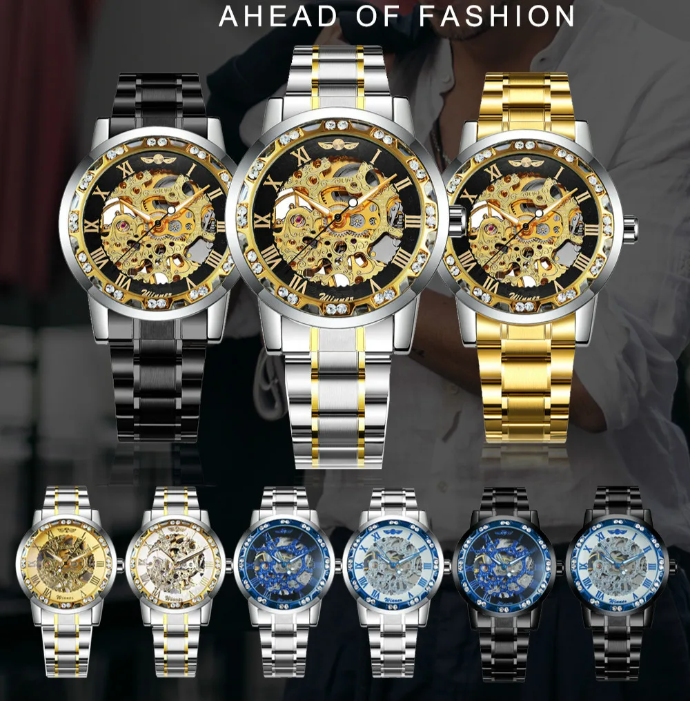 

Официальный синий часы мужские классические механические каркасные часы, часы из нержавеющей стали на ремешке модные повседневные наручны...