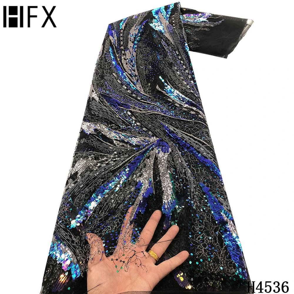 

HFX Latest Tulle Lace Fabric French Net Lace African Sequence Lace Fabrics Embroidery Mesh Sequin Fabric For Wedding Party F4536