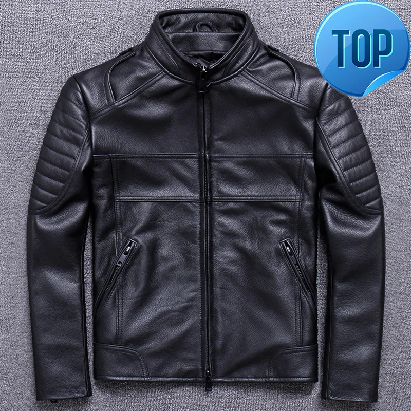

New Real 2020 Genuine Leather Jacket Men Biker Motorcycle Cow Leather Jackets Spring Autumn Cowhide Leather Coat 1820 KJ3211