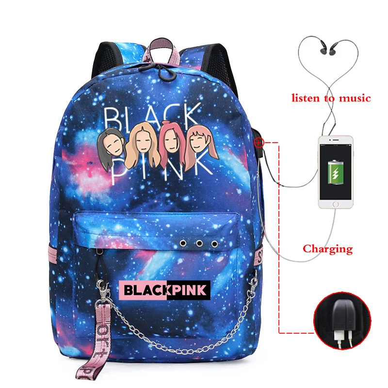 Новинка, школьные сумки для девочек, Kpop, черный, розовый, розовый, Лиза, рюкзак для женщин, зарядка через usb, рюкзак для ноутбука, дорожный рюкзак, Sac A Dos Femme