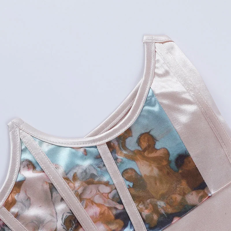 

Sexy Vintage Painting Underbust Corset Goth Accessories Luxury Satin Print Fishbone Wide Waist Belts Women
