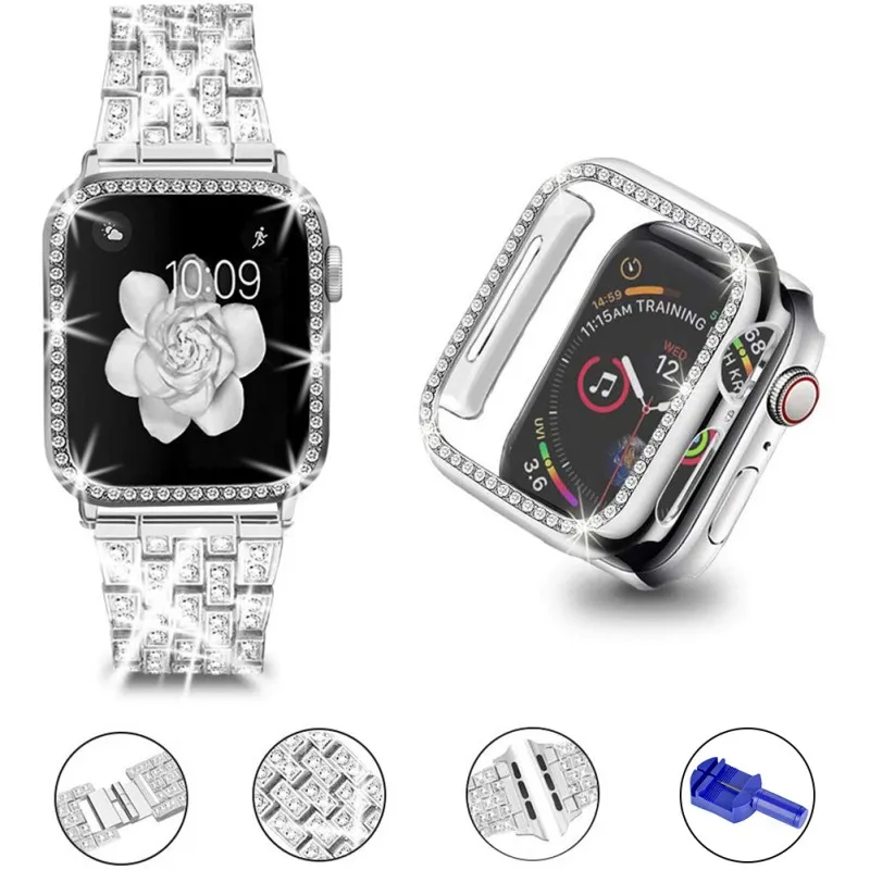

Case+Strap Women Jewelry Shiny Diamond Replacement Metal Strap 38 Mm-44 Mm And PC Cushioning Case for IWatch Series 6/5/4/3/2/1
