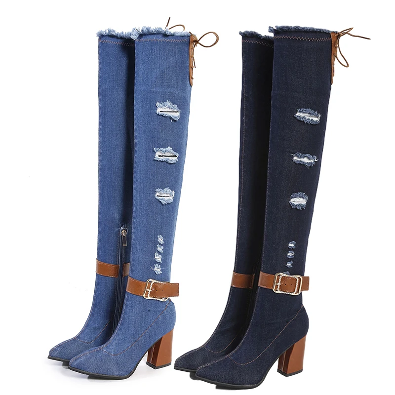 2022 Spring New Over The Knee Boots Woman Fashion Denim Boot Ladies Long Tube Cowboy Shoe Casual Super High Heel Shoes Women