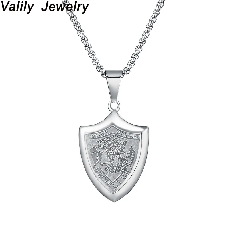 Valily Men's Saint Michael Necklace Stainless Steel Silver St. M Pendant Necklace for Men Women Best Gifts for Men/Women