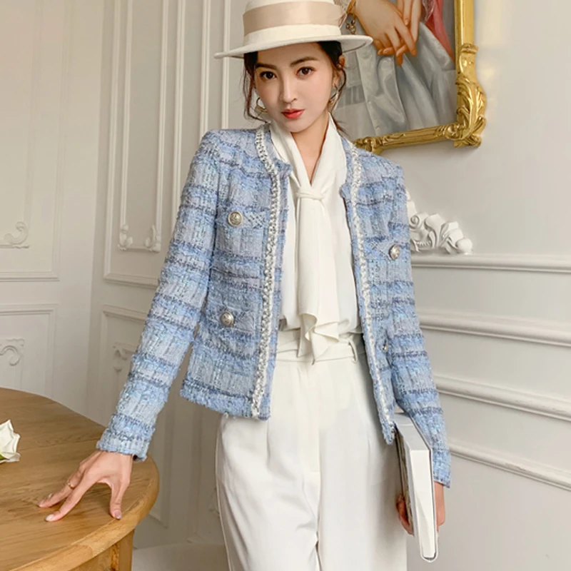 

Women elegant tweed jackets 2020 fashion office ladies suit coats female autumn vintage plaid knitted coat girls chic y576