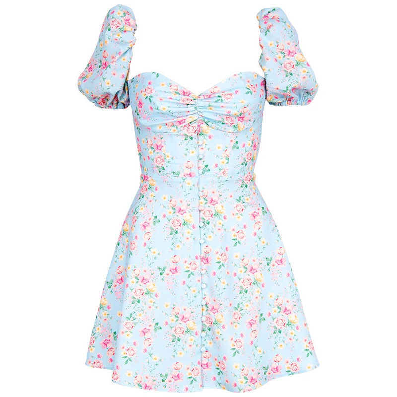 

Print Floral Summer Sexy Dress Puff Sleeves Backless Zipper Beach Wear Dress 2020 Loose Short Sleeves Vneck High Waist