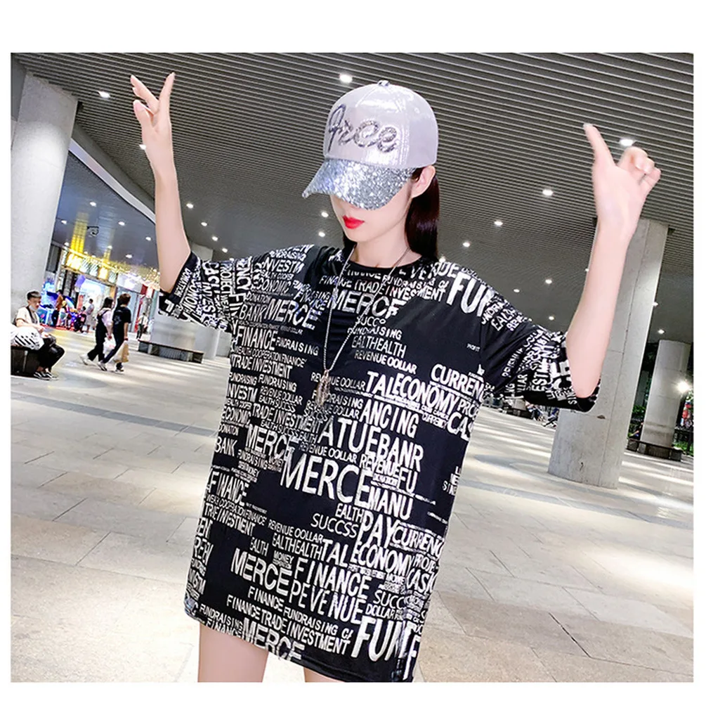 

Women's Loose T-shirt Purple Viscose Fiber Short-Sleeved Summer New Korean-Style Hip-hop Shiny Midi Half-Sleeve Black Top Print
