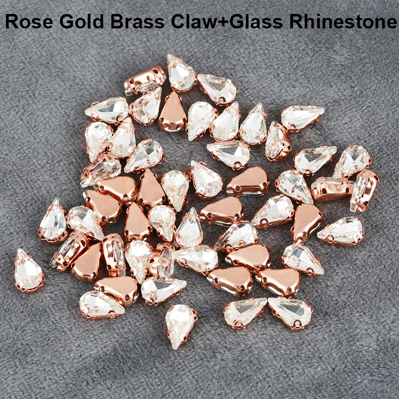 6x10mm 30pcs Rose Gold Claw Sew-on Glass Teardrop Stone DIY Sewing Rose Gold Crystal Rhinestones For Wedding Dress Accessories