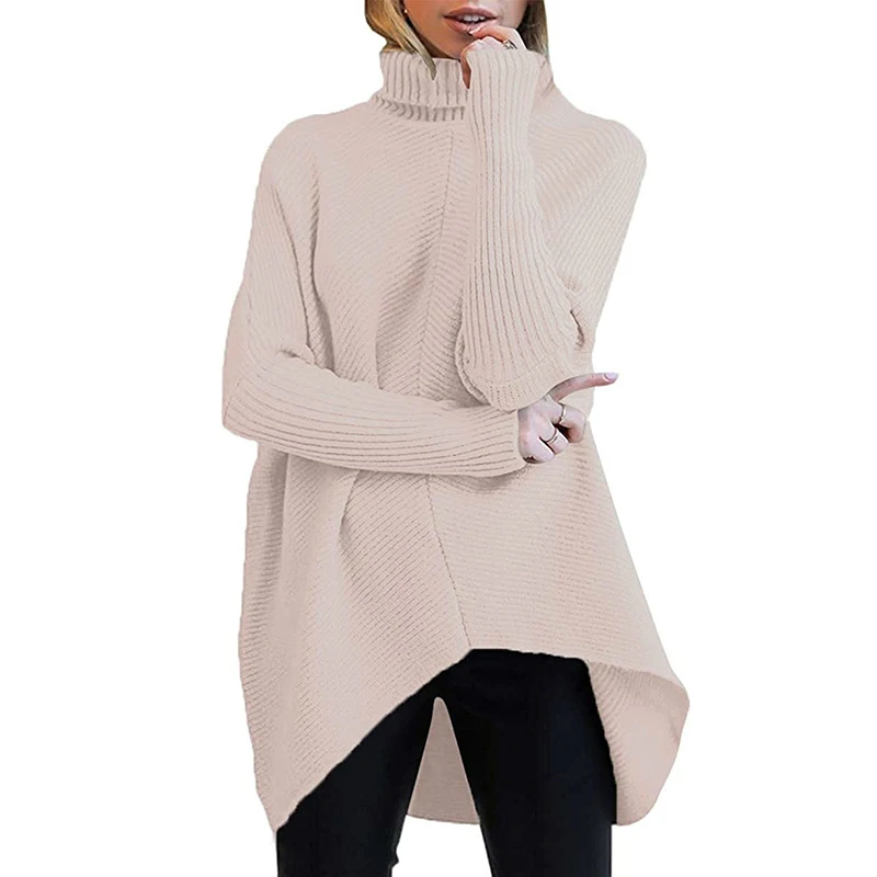 

Women High Quality Turtleneck Drop Shoulder Pullover Sweater Fashion Casual Irregular Hem Long Knitwear