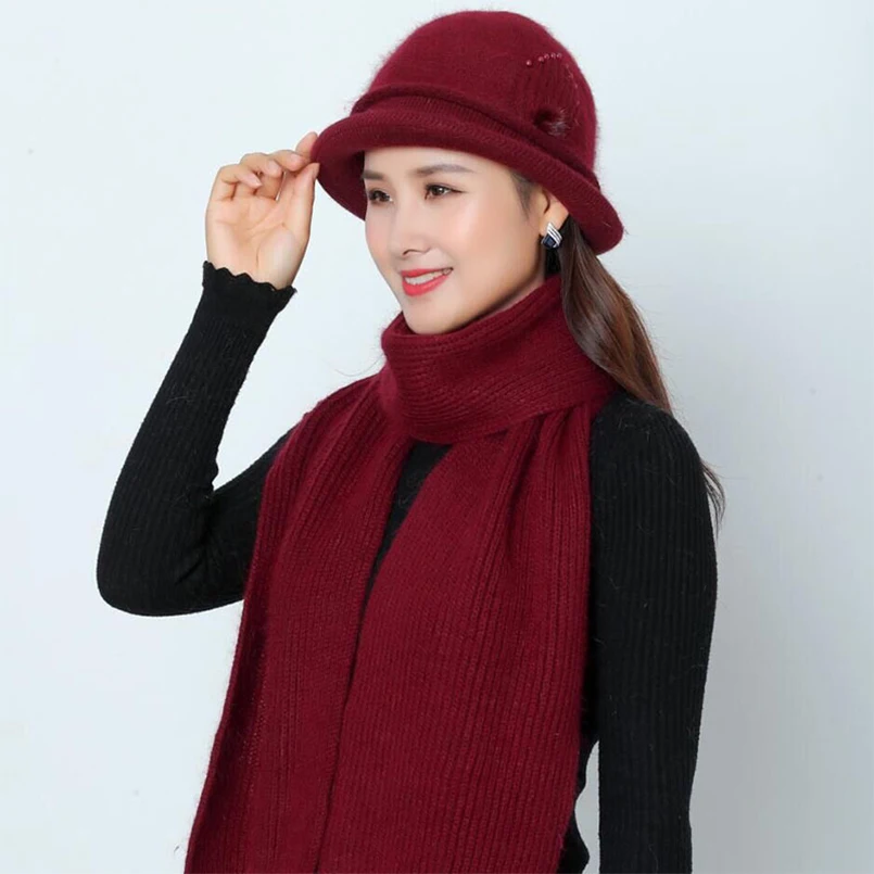 Зимняя шляпа для мамы и шарф набор женщин шапка из кроличьего меха шарфов зимняя