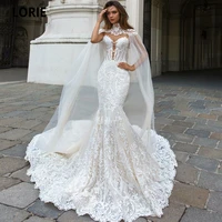 lorie elegant full lace mermaid wedding dresses with shawl illusion back sleeveless bridal gown royal train vintage custom made