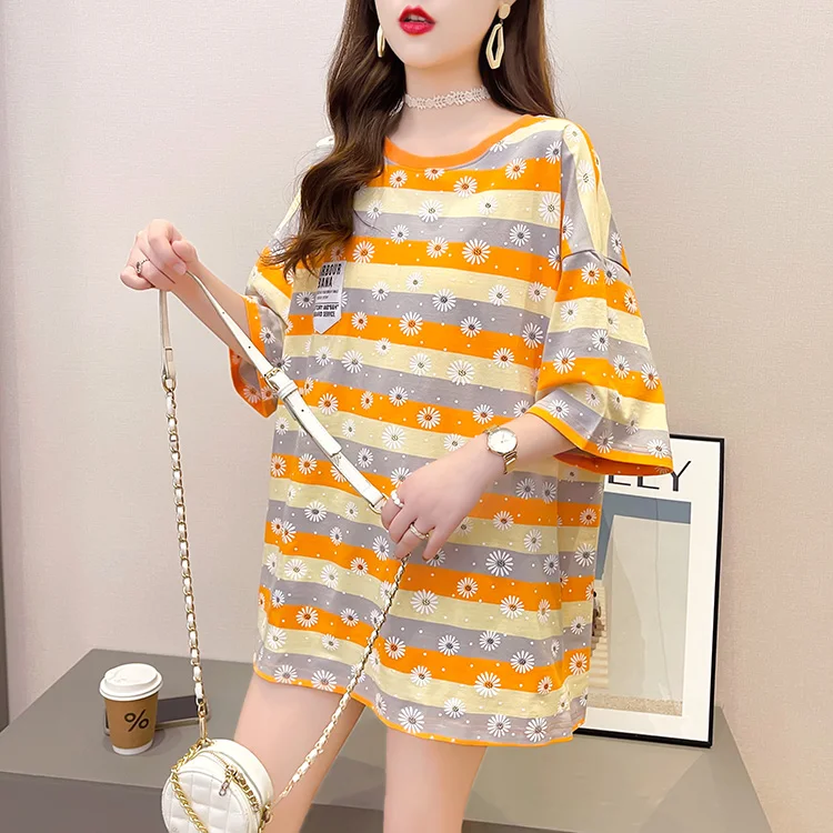 

Houthion Stripe Women's T-shirt Plus Size Tshirt Loose Top Short Sleeve New Korean Fashion Casual O-neck T Shirt Summer