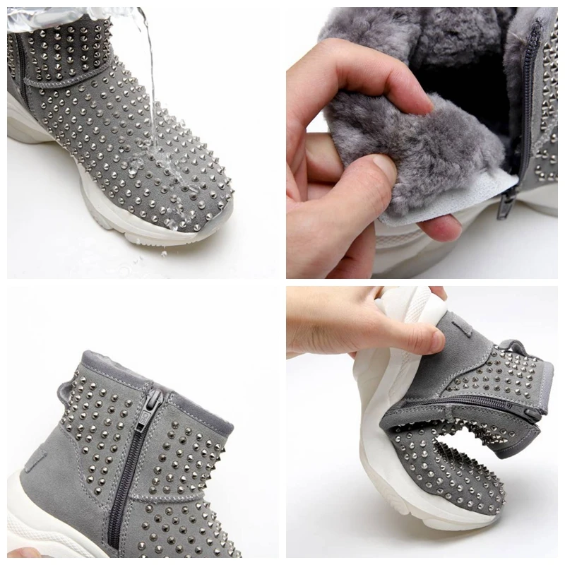 

ORCHA LISA Women Snow Winter's Warm Cow suede Ankle Boots Rivets Platform Round Toe Zipper Waterproof Hiking size 35-39 Casual