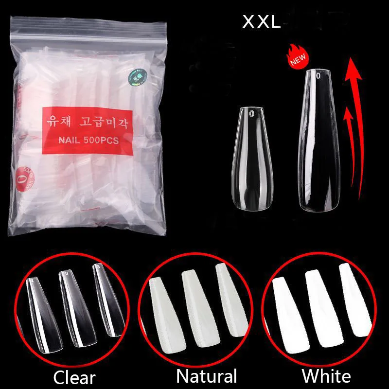 

500/600PCS XXL NO C Curved Tips 0-9 Natural Transparent Square Straight Long Coffine Arcylic FakeTips Artificial False Nail Tool
