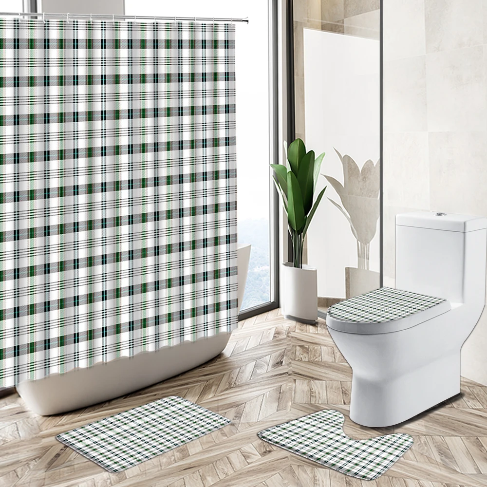 Online Elegante Tenda Da Doccia Con Stampa A Strisce Reticolari Geometriche Set Da Bagno Semplice In Stile Europeo Set Copriwater Antiscivolo Con Piedistallo