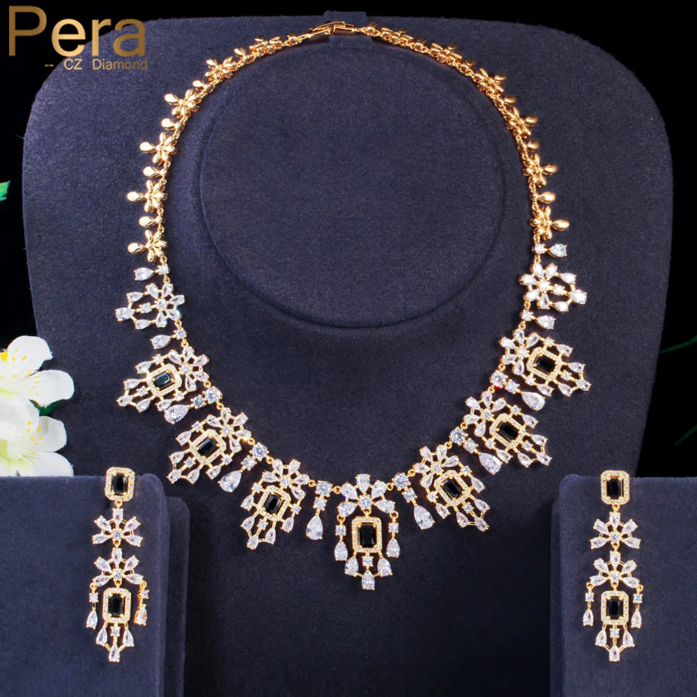 

Pera Mysterious Black CZ Zircon Nigerian Gold Color Big Water Drop Earrings Necklace Bridal Wedding Jewelry Sets for Brides J427