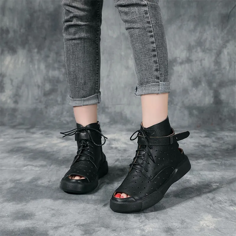 

High Street Summer Genuine Leather High Top Shoes Women Hollow Out Peep Toe Lace Up Flat Sandals Fashion Leisure Platform Sandal