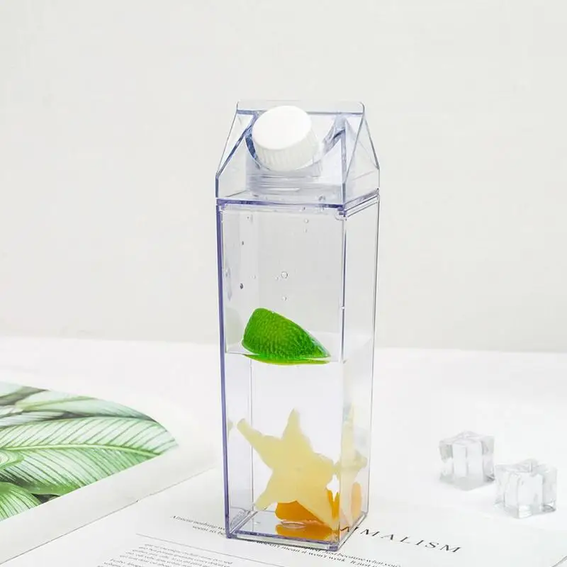 

500ml Transparent Water Cup Milk Box Shape Food Grade Plastic Drinkware Reusable Sport Water Simple Drink Jar Bottle