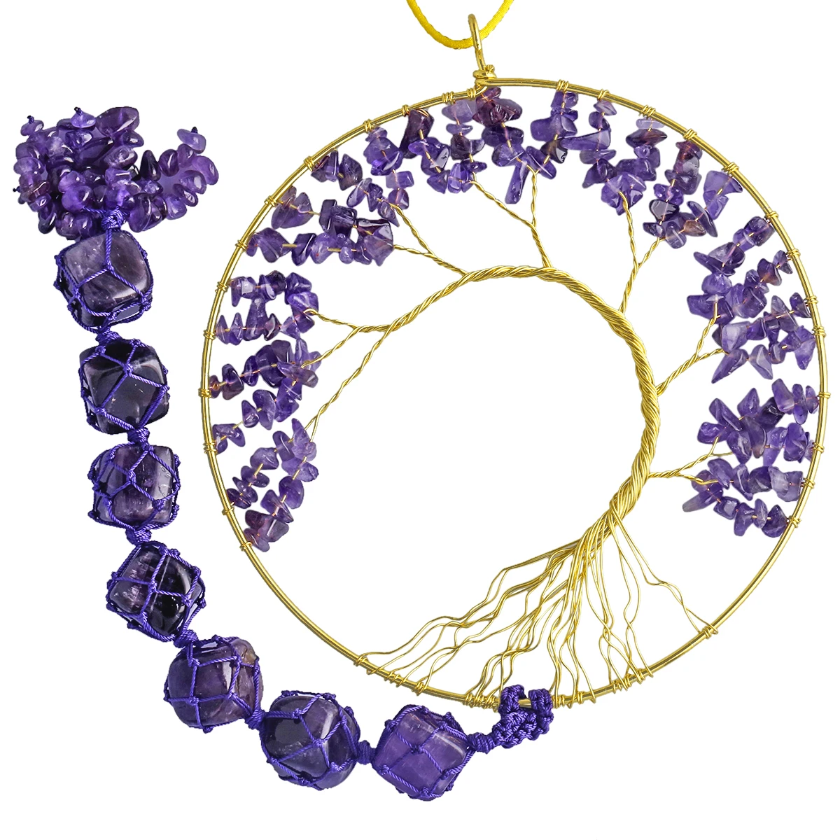 Natural Amethyst Tree Of Life Wind Chimes Reiki 7 Chakra Crystal Stone Irregular Mineral Wall Window Hanging Ornament Room Decor