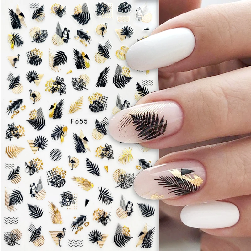 1pcs Black Laser Gold Autumn Leaf 3D Nail Sticker Coconut Tree Leaf Pattern Adhesive Transfer Sticker Shiny DIY Nail Decoration