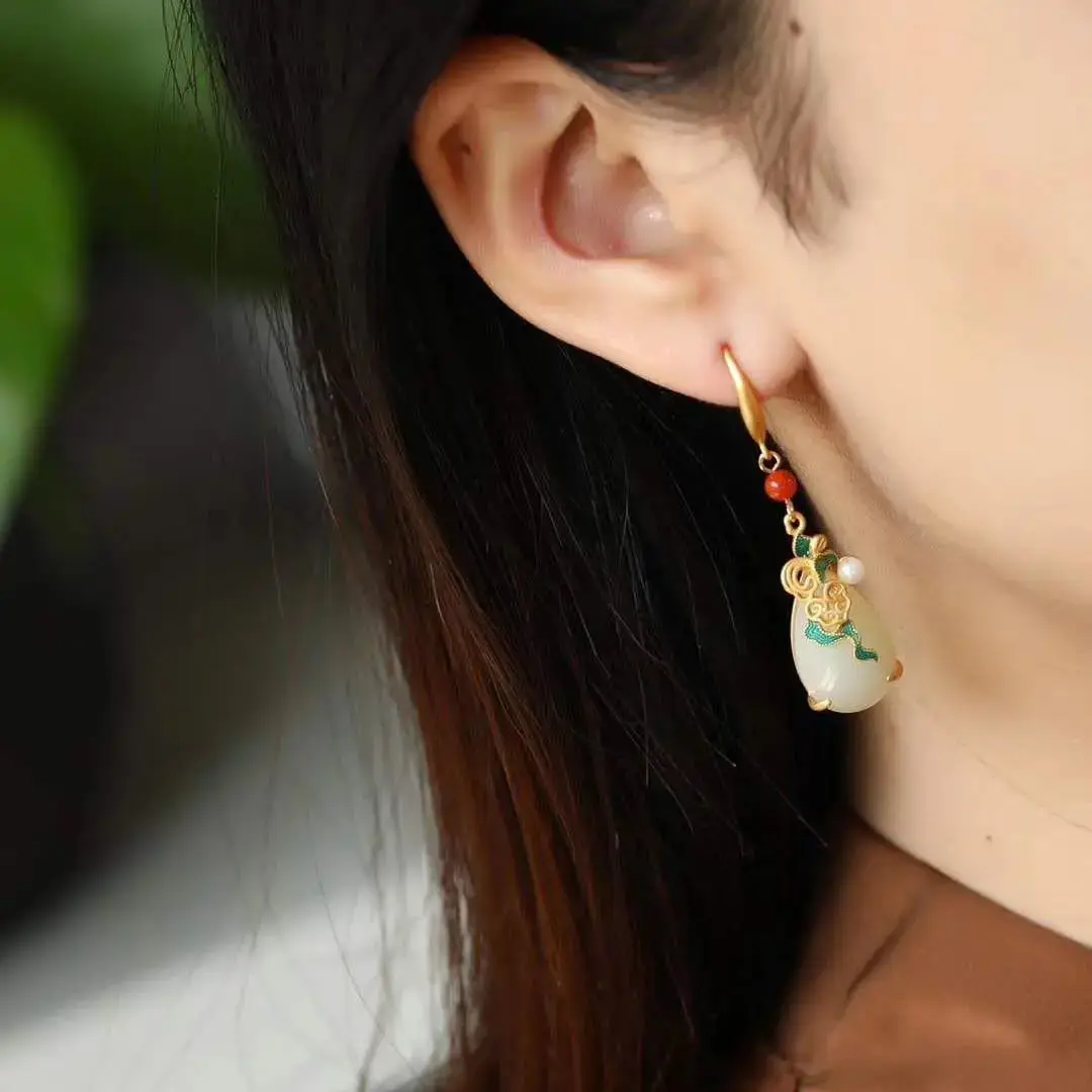 

Natural Hetian Jade Water Drop Earrings Vintage Ethnic Style Chinese Style Han Costume Classical Sterling Silver Gilding Ruyi