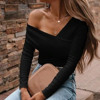 60 dropshippingautumn blouse off shoulder solid color women slim long sleeve all match top streetwear