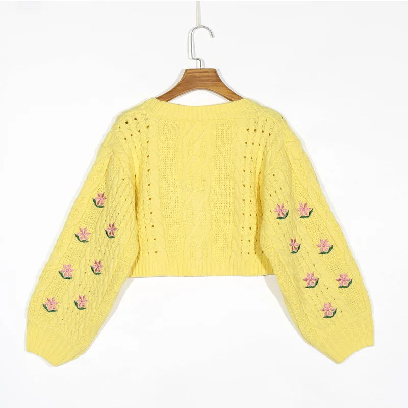 

Autumn and winter women's sweater casual solid color V-neck long-sleeved flower embroidery short sweater