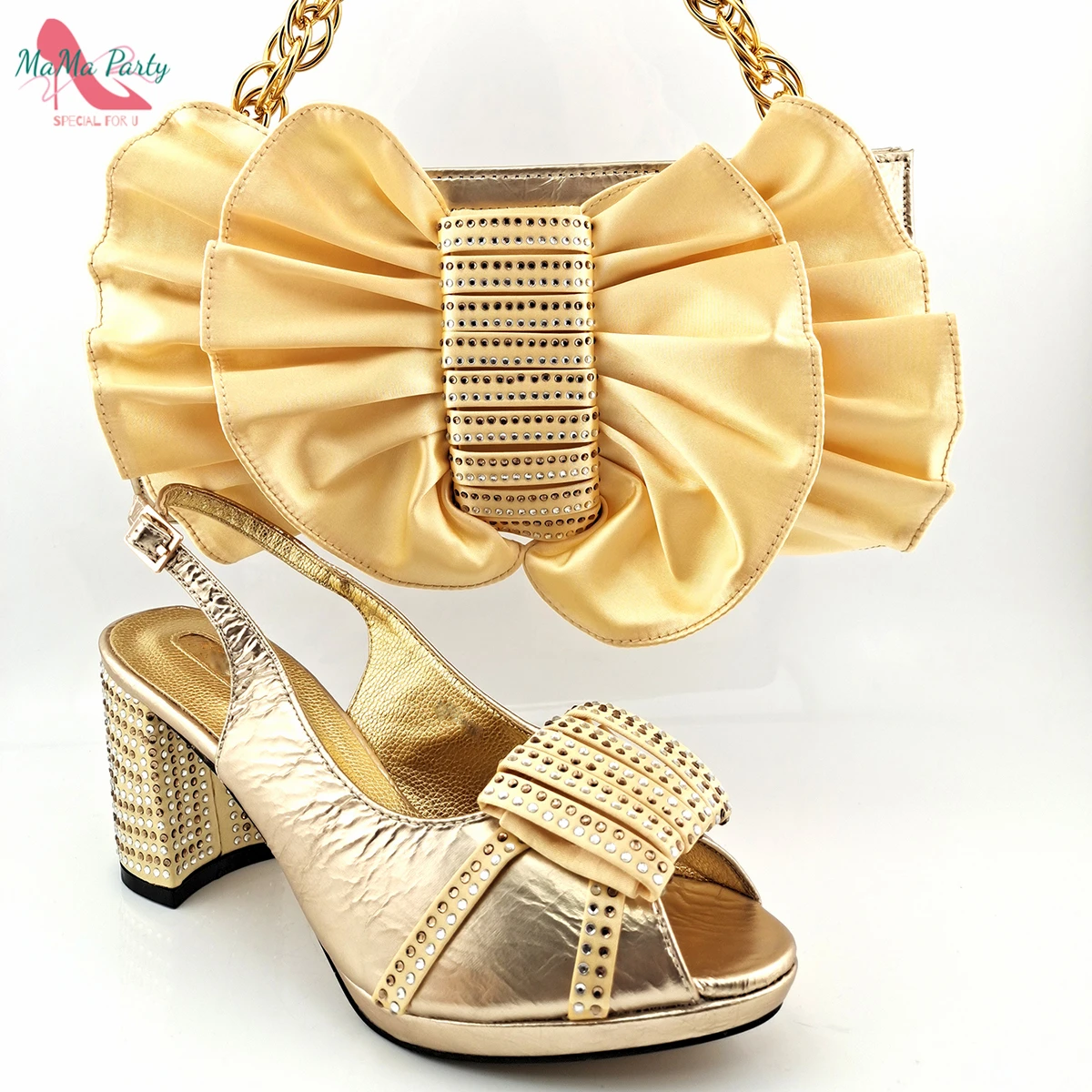 

Fashion Women Golden Color Sandals And Bag Set To Match High Quality African Comfortable Heels Shoes for Wedding