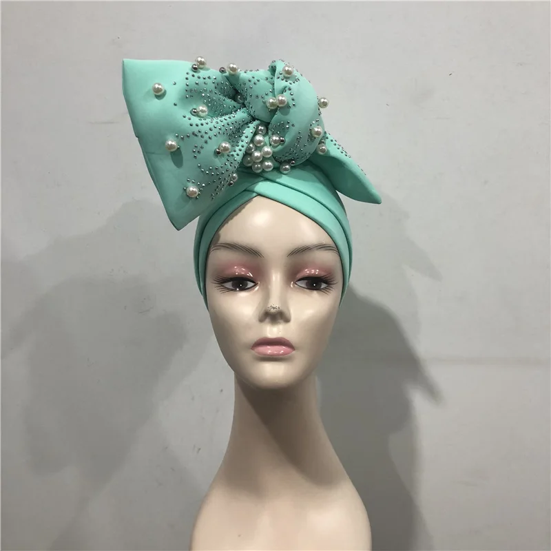 Нигерийская Кружевная повязка на голову Aso OKE Gele уже сделана Auto Gele Aso Ebi повязка на голову в африканском стиле тюрбан Кепка с красочными Beads-AC30 - Цвет: No26 1piece