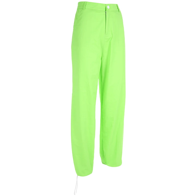 Женские свободные брюки-карго флуоресцентные зеленые брюки с высокой талией на