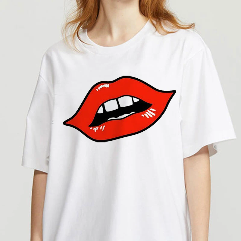 

Beautiful red lips printed t shirt women 90s Graphic T-shirt Harajuku Tops Tee Cute Short Sleeve animal tshirt Female Tshirts