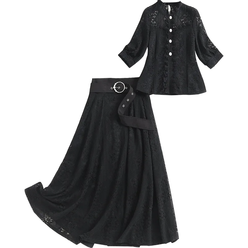 

2021 Hot Selling Flocking Mesh Patched Black O Neck Shirt Fashion Lady Lace Skirt Sashes Summer Dress Suit Women Free Shipping