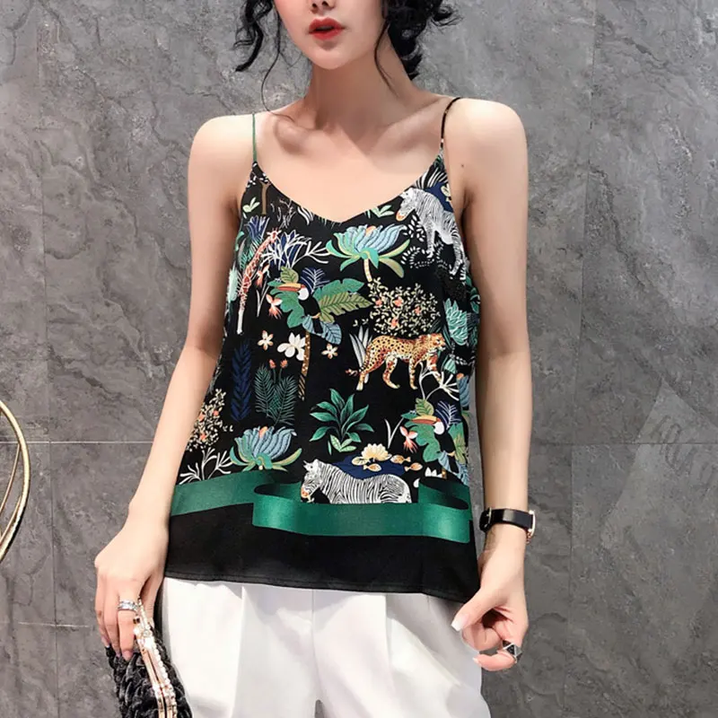 Vogue Elegant Prints Camisole Vest Women Sexy V-Neck Satin Silk Floral Animals Printed Office Lady Fashion Sling Tank Tops 2020 | Женская