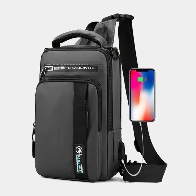 

Luxury Black Men Shoulder Bag Outdoor Anti-theft Multifunction Men Crossbody Bag USB Charge Casual Chest Bag Waterproof Men Bags