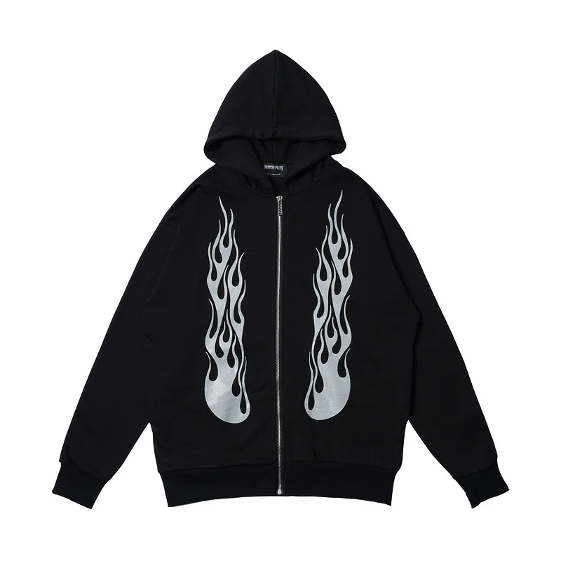 

Men's Sweatshirt 2021 Spring Winter New High Street Solid Color Flame Print Sweatshirt Loose and Comfortable Lazy Wind Hoodies