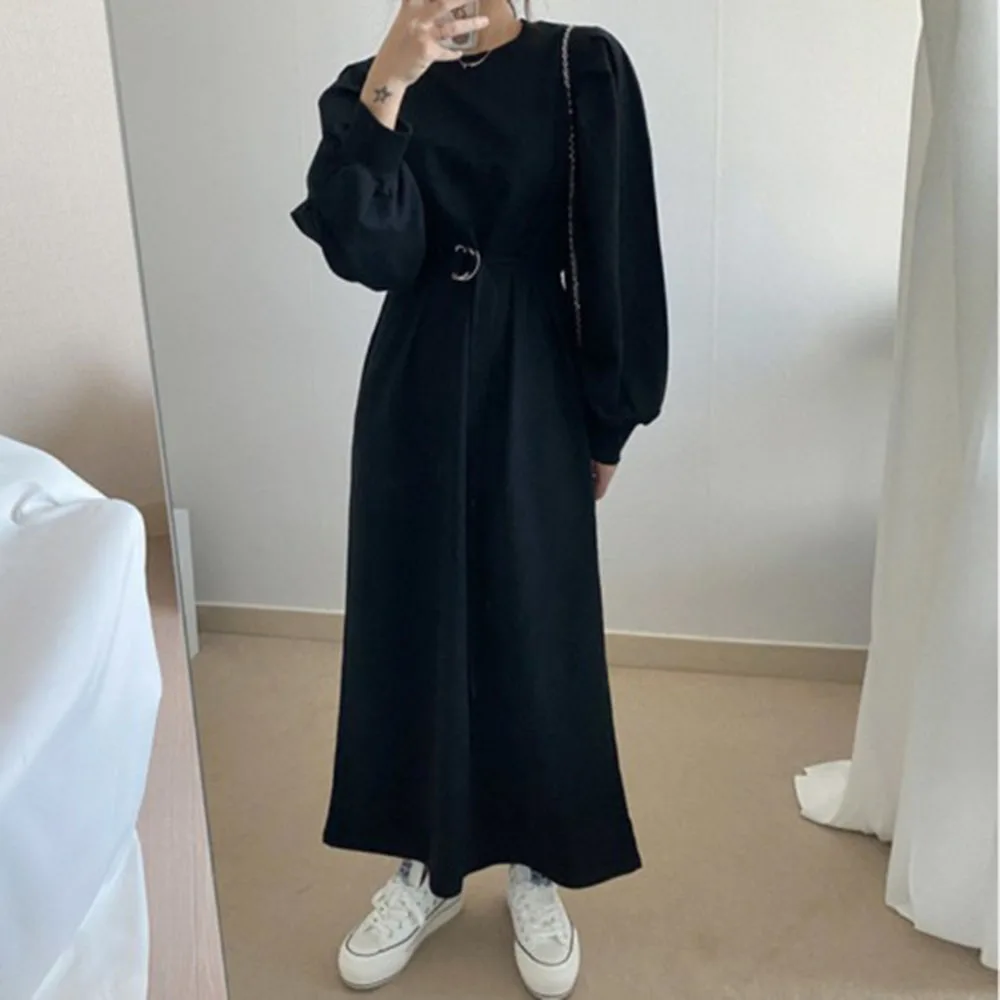

2021 Autumn Winter New Solid Color Simplicity Casual Loose Korean Fashion Women Dresses Lacing Puff Sleeve Long Dress Loose