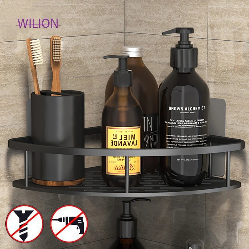 

No Drilling Bath Hanger Aluminum Punch Free Bathroom Corner Shelf Self Adhesive Shower Storage and Organization Holder