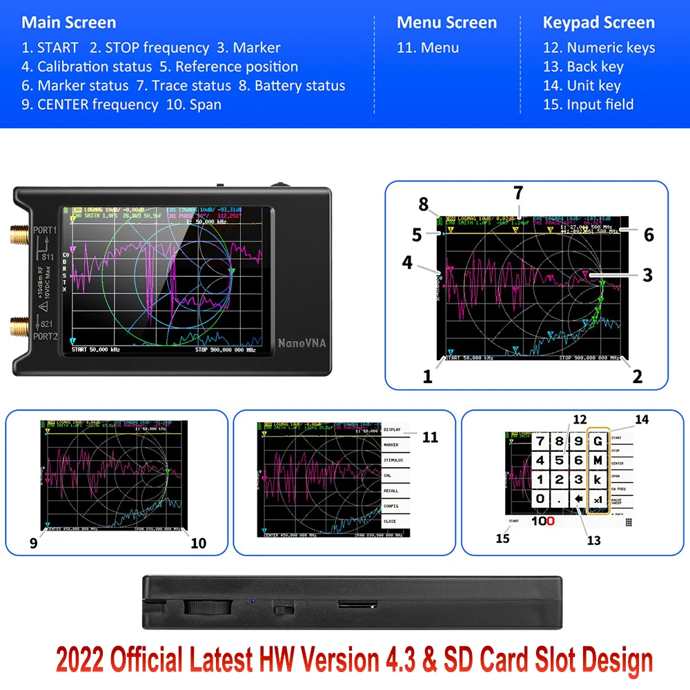 2022 Brand New 10k-1.5GHz NanoVNA-H4 hugen 4inch Vector Network Analyzer HF VHF UHF Antenna V4.3 with SD Card Slot |