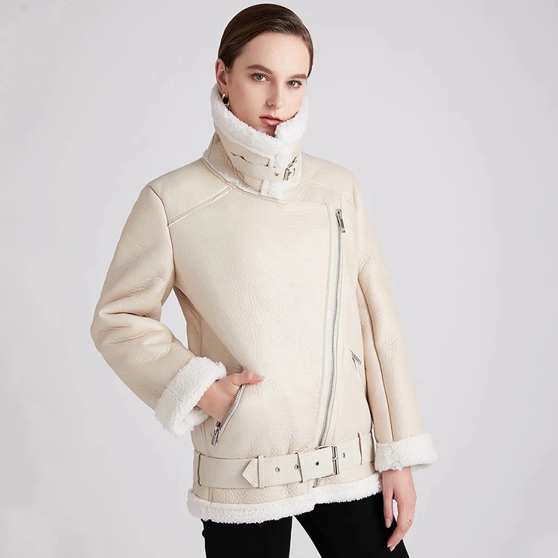 

Ailegogo Women Winter Lambs Wool Parkas Fur Collar Zipper Jacket Warm Thick Beige Outerwear Faux Lamb Leather Coat Moto Outwear