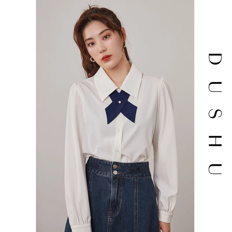 

DUSHU Plus size tie white casaul blouse shirt Women long sleeve elegant button up shirt Female spring office lady large size top