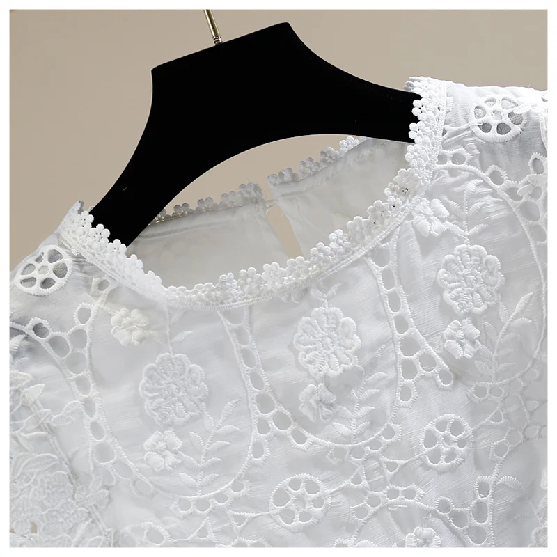

2021 Summer New Hollow out Lace Pullover Sleeveless Top Female Solid Color Round Neck Flying Sleeves Slim fit Shirt Ladies