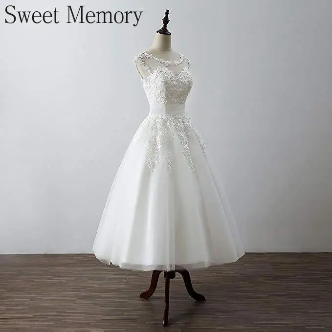 

N2165 2021 Appliques Lace Embroidery Tea-Length White Plus Size Wedding Dress Women Party Robe De Soiree Mariage Sweet Memroy